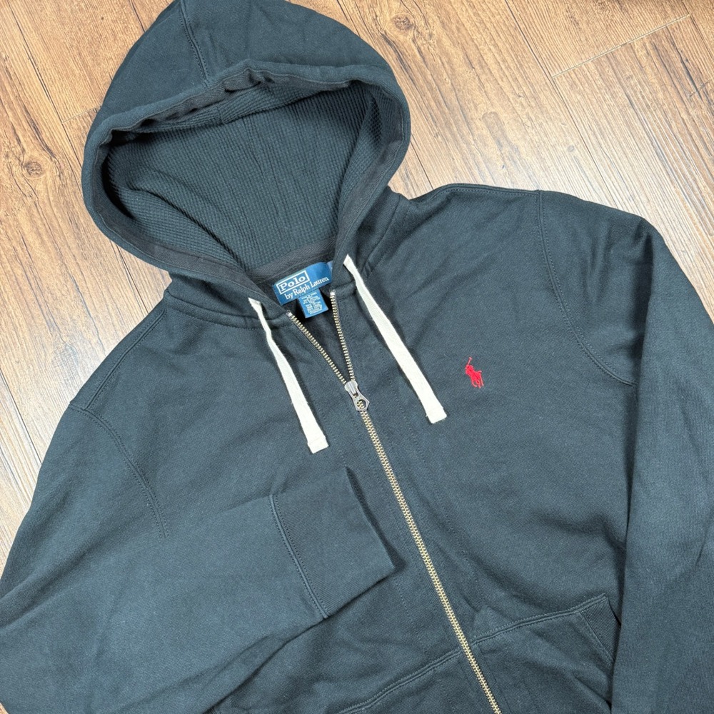 Polo Ralph Lauren Hoodie Mens L Black Full Zip Waffle Lined Thermal Heavy VTG